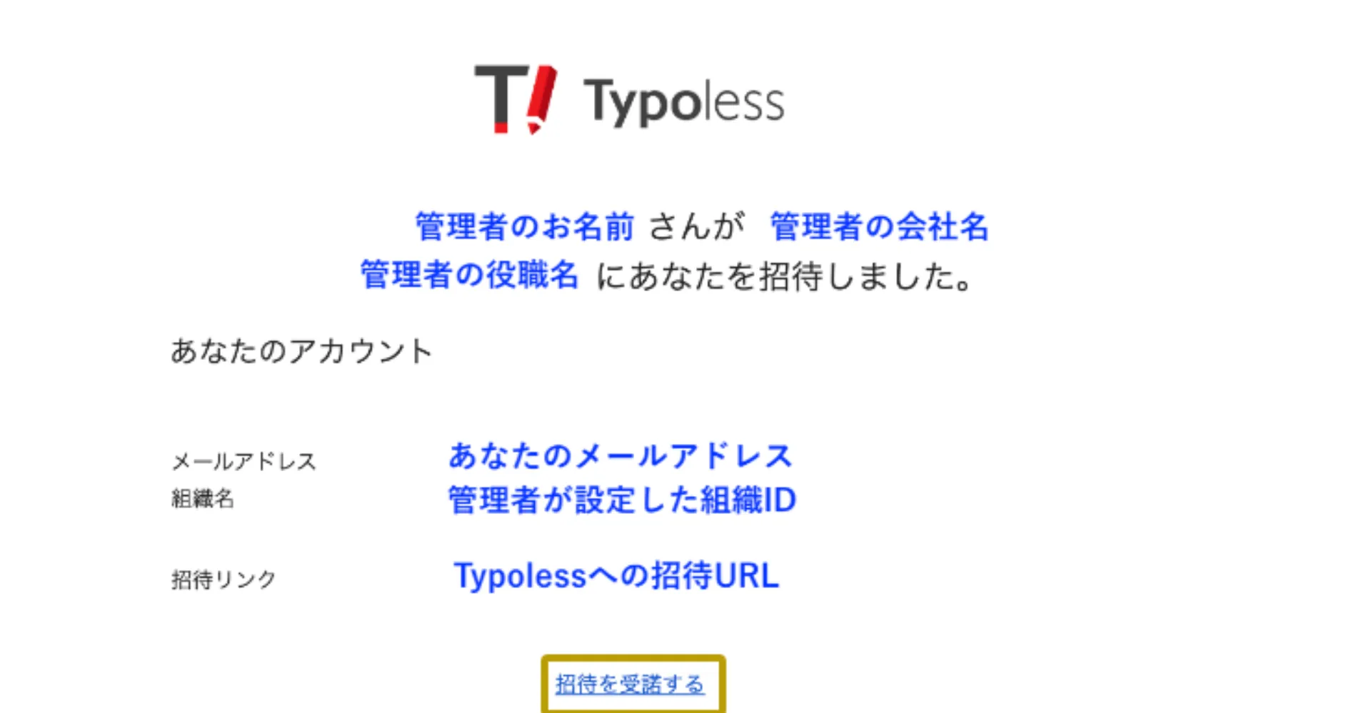 招待されたメンバーに届く Typoless からの招待メール。本文に「招待を受諾する」ボタンが表示されている