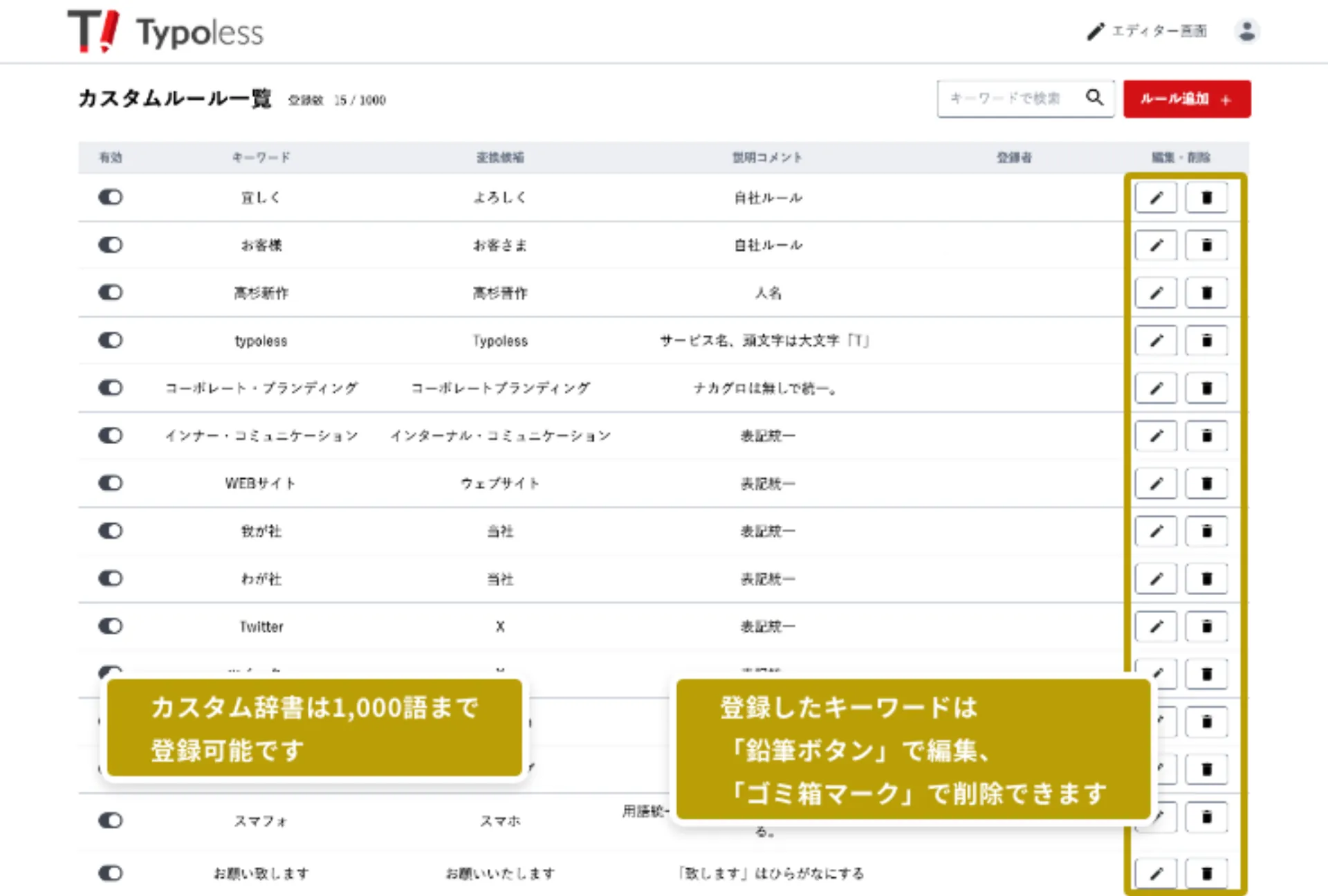 本文から呼び出したルール追加画面に、選択した文字列が入力されている様子
