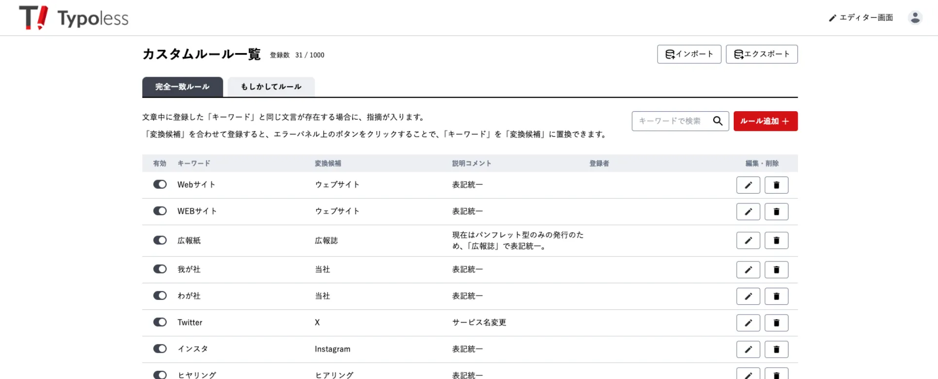 完全一致ルールともしかしてルールの2つのタブが並ぶカスタムルール一覧