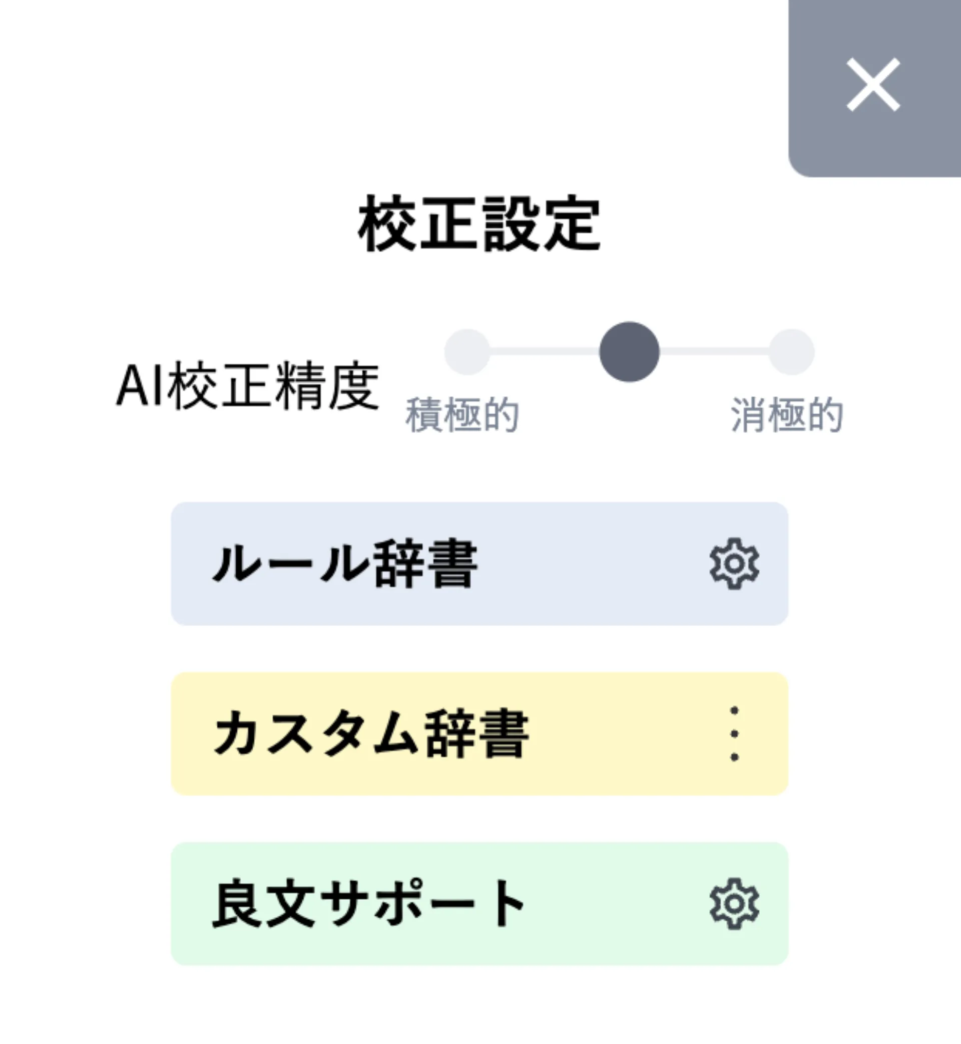 校正設定ポップアップ。AI 校正精度スライダーとルール辞書・カスタム辞書・良文サポートの 3 項目が並ぶ