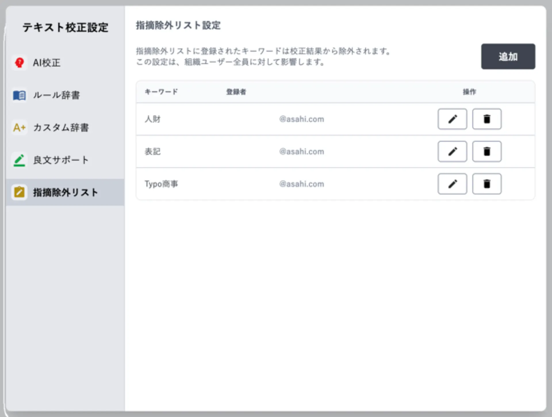 テキスト校正設定モーダルの指摘除外リスト設定画面。登録済みのキーワードが一覧表示されている