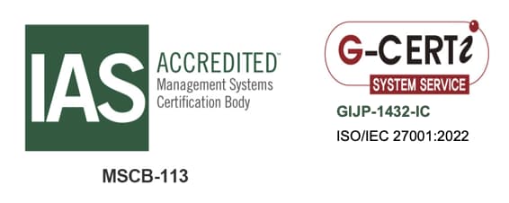 ISMS認証マーク(IAS / G-CERTi、登録番号 GIJP-1432-IC、ISO/IEC 27001:2022)
